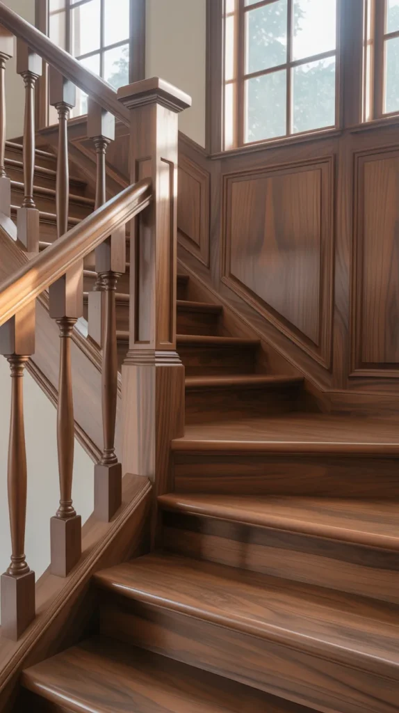 Traditional staircase with rich walnut wood stain, paneled walls, and classic balusters in a bright timeless home.