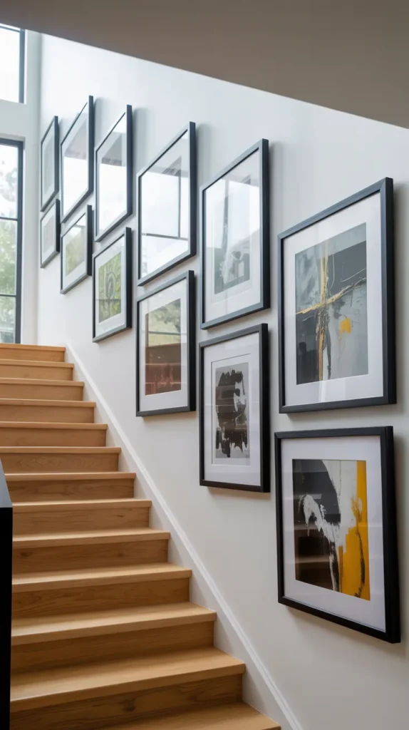 Staircase gallery wall with black frames and neutral artwork above oak stairs in a bright modern home.