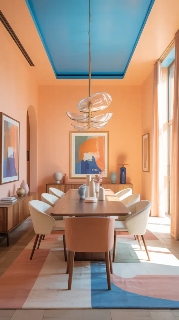 Dining room with bright blue ceiling and peach walls, colorful fully furnished modern interior with statement lighting