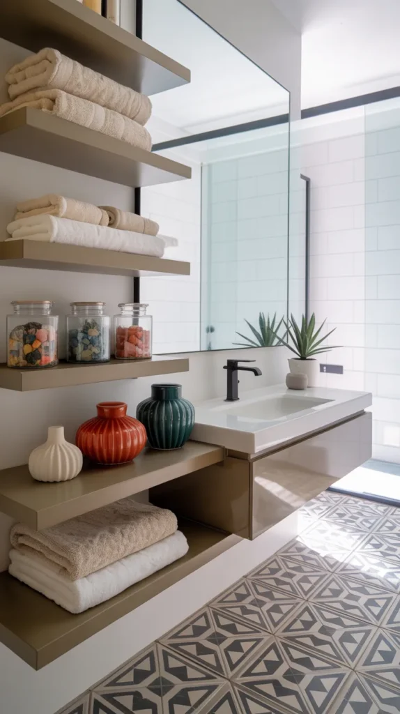 Bright modern bathroom with colorful styled floating shelves and vibrant contemporary decor.