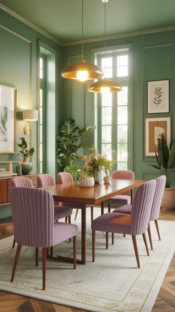 Pistachio green dining room with lilac chairs and decorative accents, bright pastel fully furnished dining space