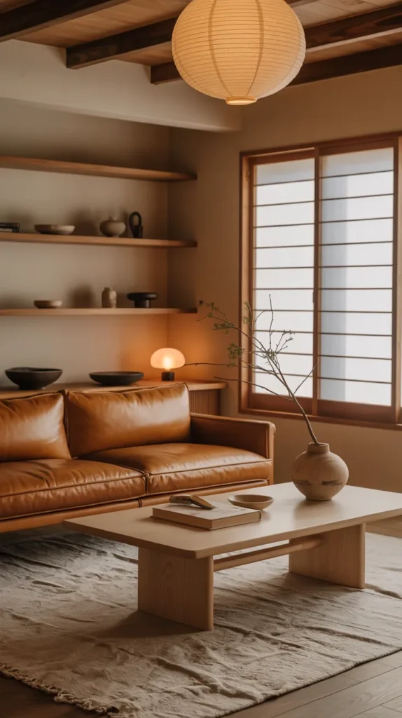 Japandi living room with a low tan leather sofa, light wood furniture, and soft natural light creating a calm balanced space.