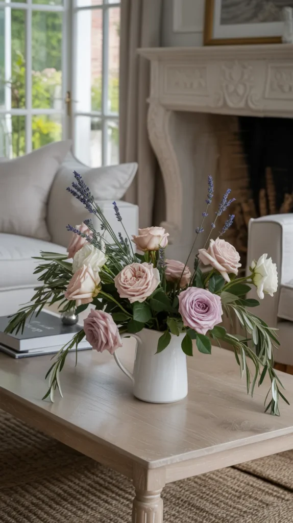 French country living room with relaxed natural floral arrangement in a ceramic pitcher