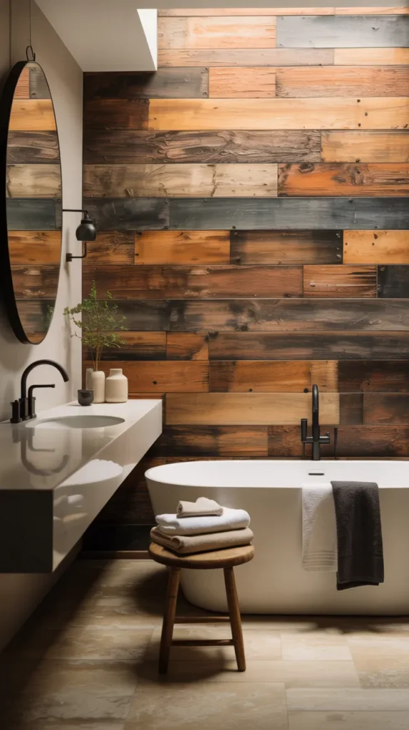 Modern bathroom with reclaimed wood accent wall and freestanding tub creating warm contrast.