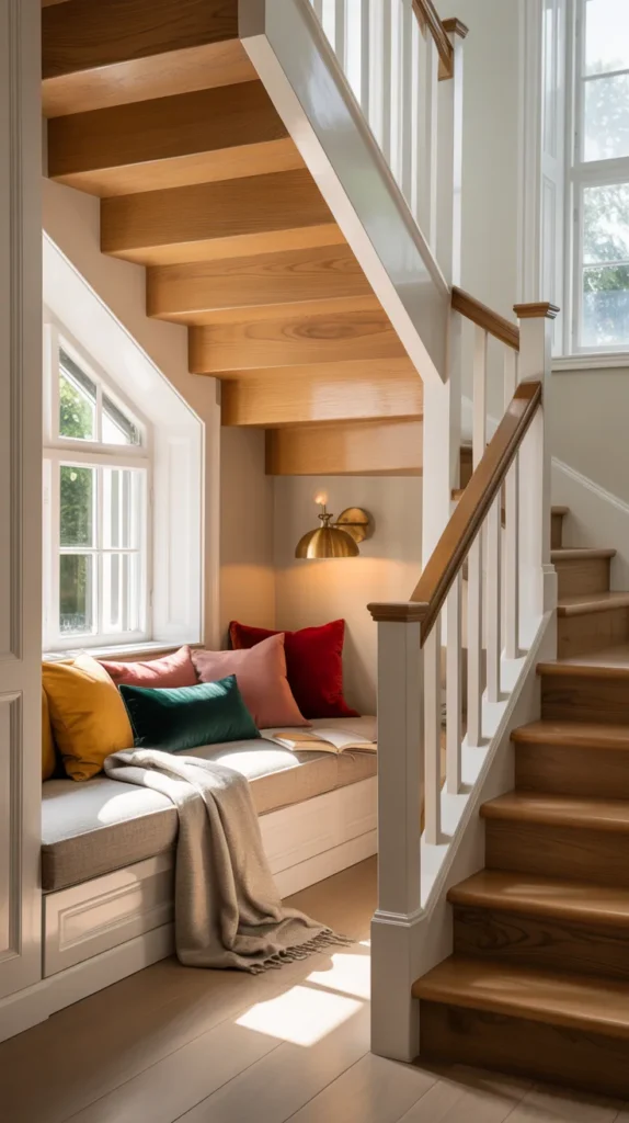 bright staircase with cozy built-in reading nook beneath stairs, upholstered bench with colorful cushions and soft throw pillows, small wall-mounted sconce, natural oak stair treads, white trim, warm natural daylight filling space, inviting upscale home aesthetic, high end editorial interior photography, ultra realistic textures