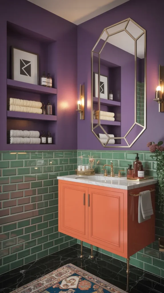 Violet bathroom with coral vanity and pistachio tile in a geometric art deco styled interior