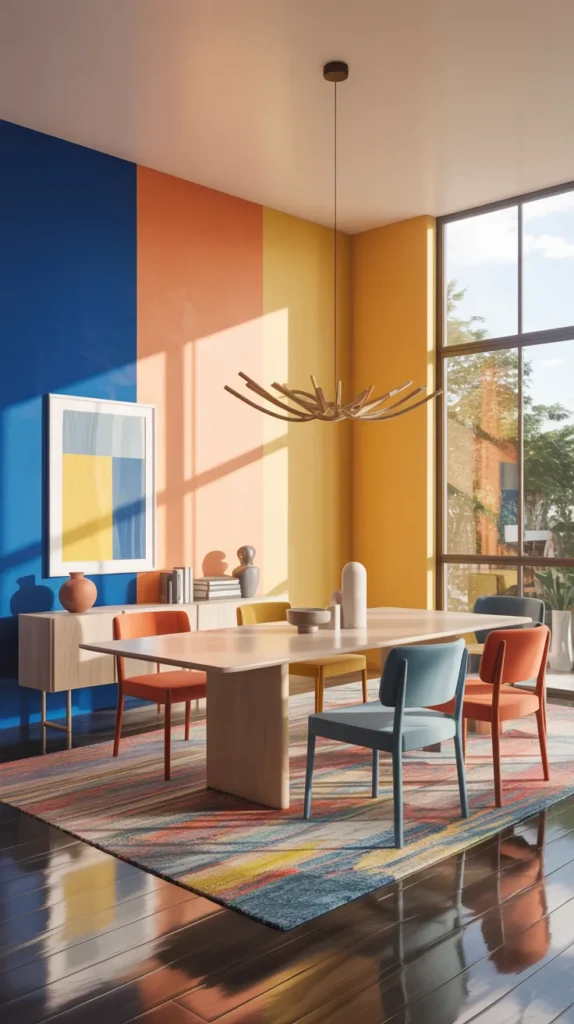Color-blocked dining room with cobalt, peach and yellow walls, modern table and bright chairs in bold furnished interior