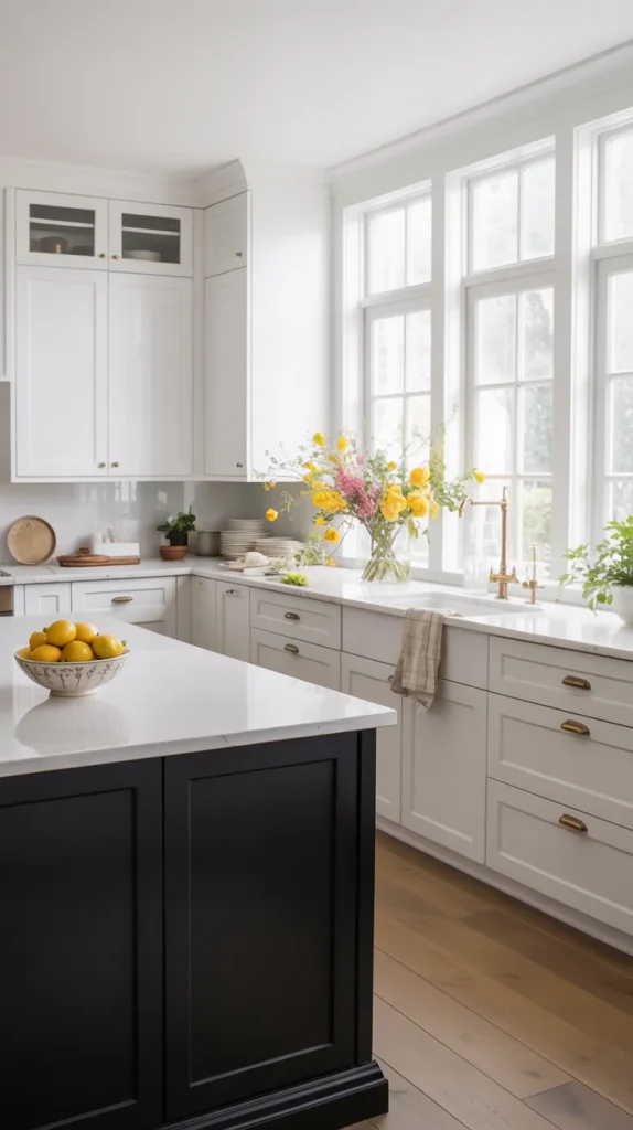 Bright kitchen with white cabinets and a contrasting black island creating a clean modern focal point in natural daylight.