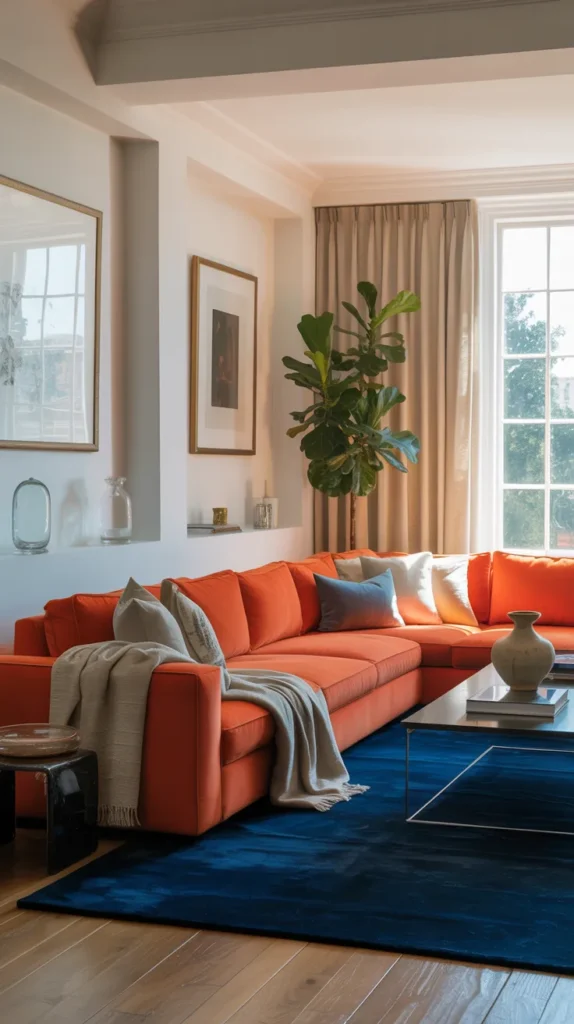 Modern living room featuring orange furniture balanced with blue accents and natural light.