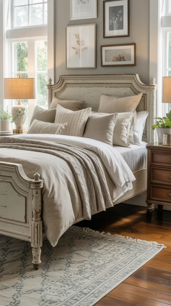Painted vintage farmhouse bed inside a furnished modern upscale bedroom