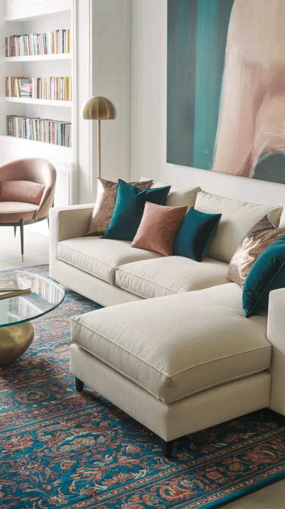Ivory chaise sectional sofa styled with teal, blush, and gold decor in a bright white living room.