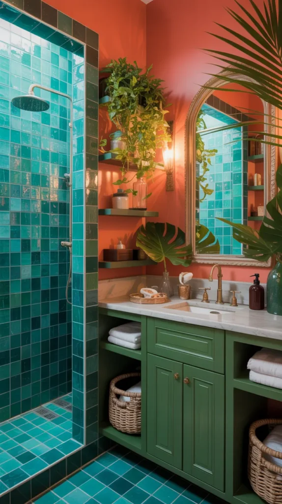 Coral and turquoise bathroom with green accents and plants fully styled with decor and accessories