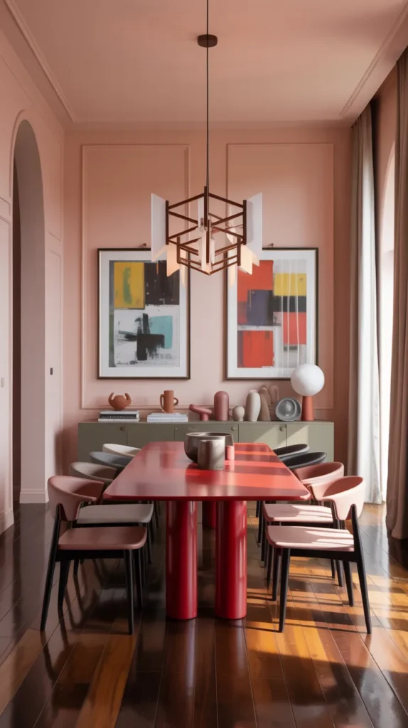 Blush pink dining room featuring a bold cherry red table with modern decor and artistic styling