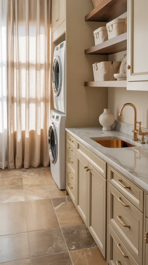 Luxury neutral laundry room with warm beige stone tile flooring, creamy cabinets, gold hardware, and layered woven decor.
