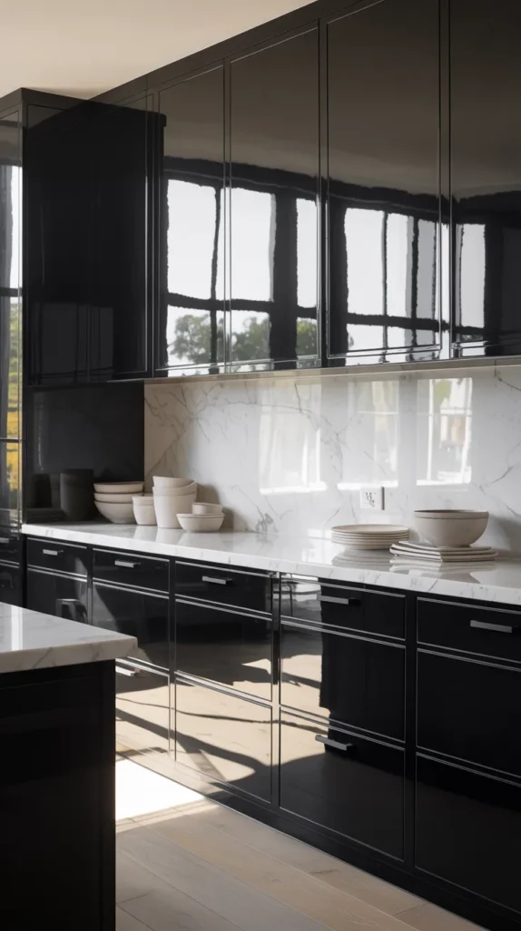 Bright black and white kitchen with glossy lacquer cabinets reflecting light for a sleek modern look.