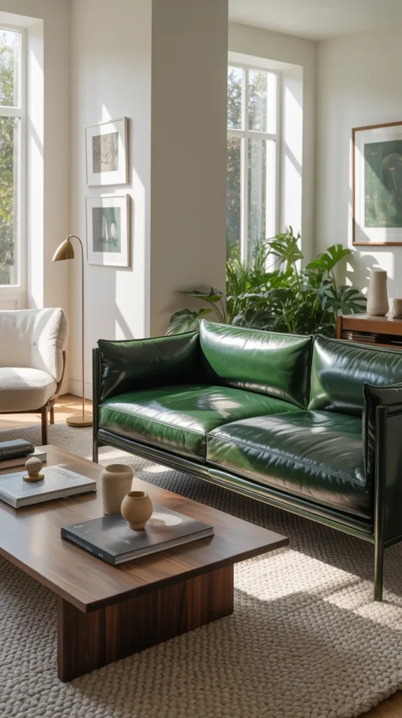 Living room with a bold green leather sofa styled as the focal point with balanced decor and natural light.