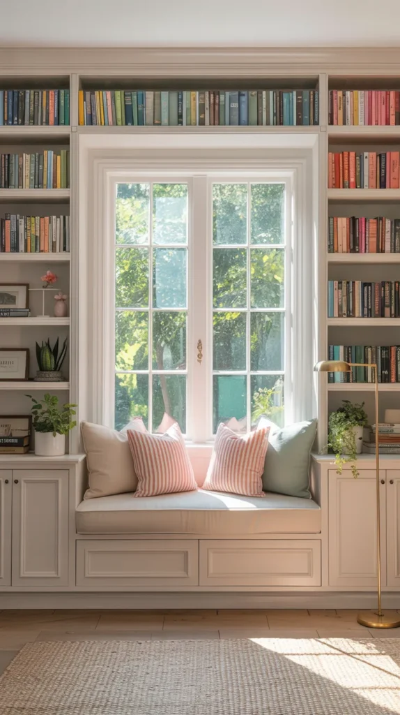 Colorful built-in bookshelf reading nook with pastel pillows, plants, and bright daylight creating a fresh summer furnished library corner.