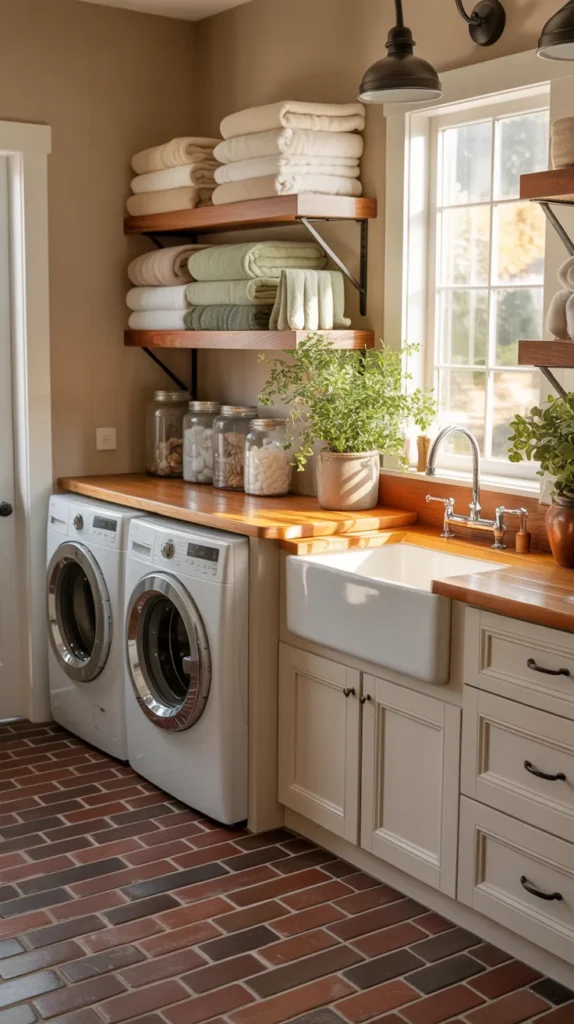 Farmhouse laundry room with brick-look tile flooring, butcher block countertops, white cabinets, and apron-front sink.