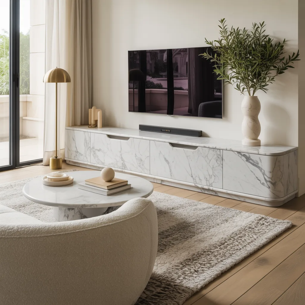 Luxury marble-look TV console with waterfall edge detail styled in a bright modern living room with curved sofa, brass accents, and natural daylight.