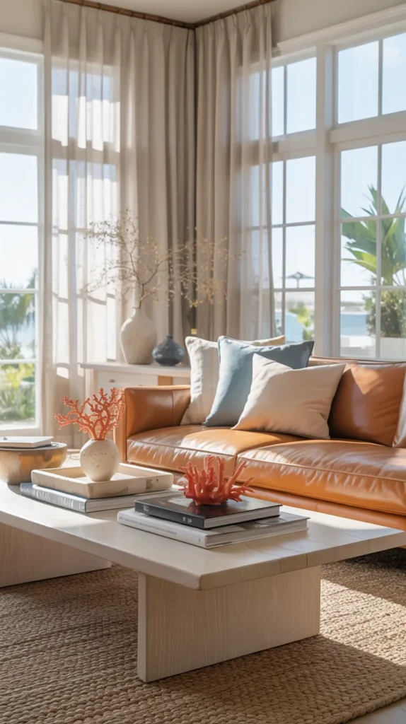 Coastal style living room with a light leather sofa, airy curtains, and soft beach inspired decor.