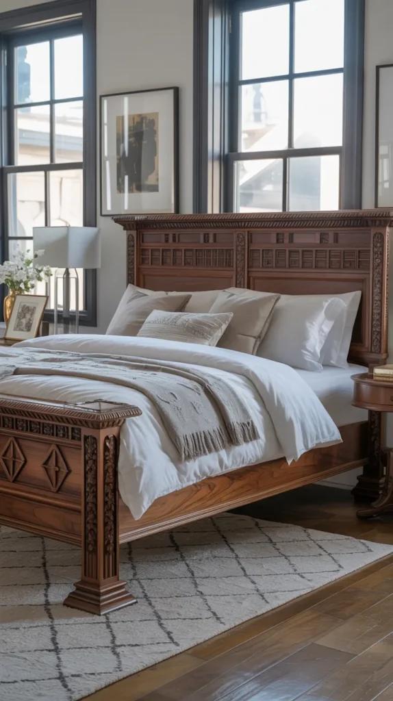 Eastlake carved walnut vintage bed styled in a modern fully furnished bedroom