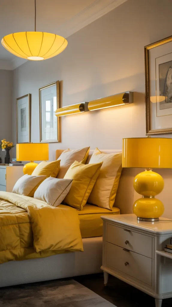 Bedroom with yellow ceiling light fixture and matching yellow lamps creating a coordinated classic design.