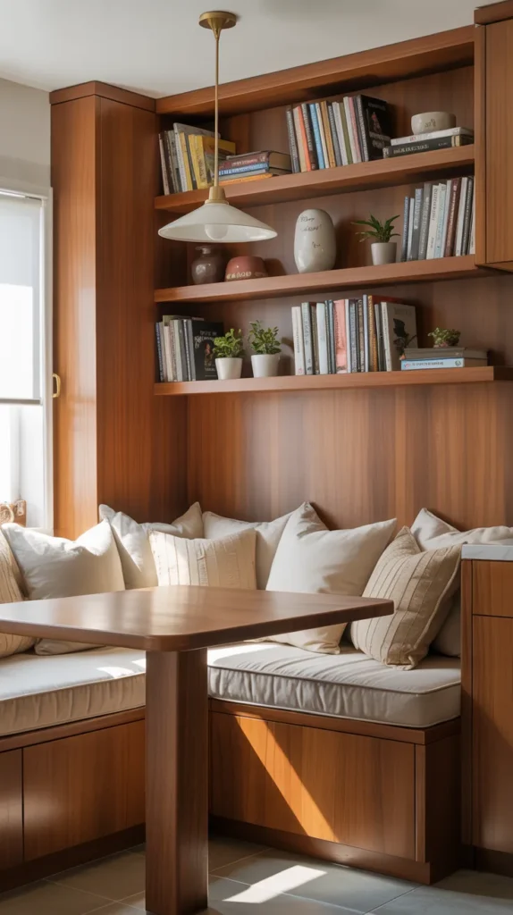 Built-in seating reading nook with shelves and table in a realistic home kitchen corner.