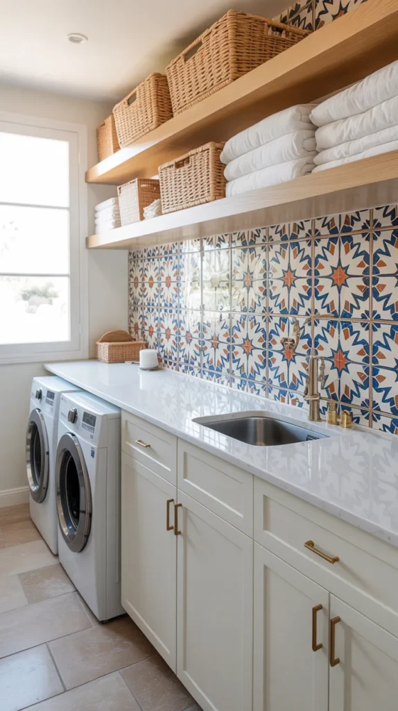 Bright laundry room with white and cobalt blue Moroccan tile backsplash, white cabinets, brass hardware, and natural daylight.