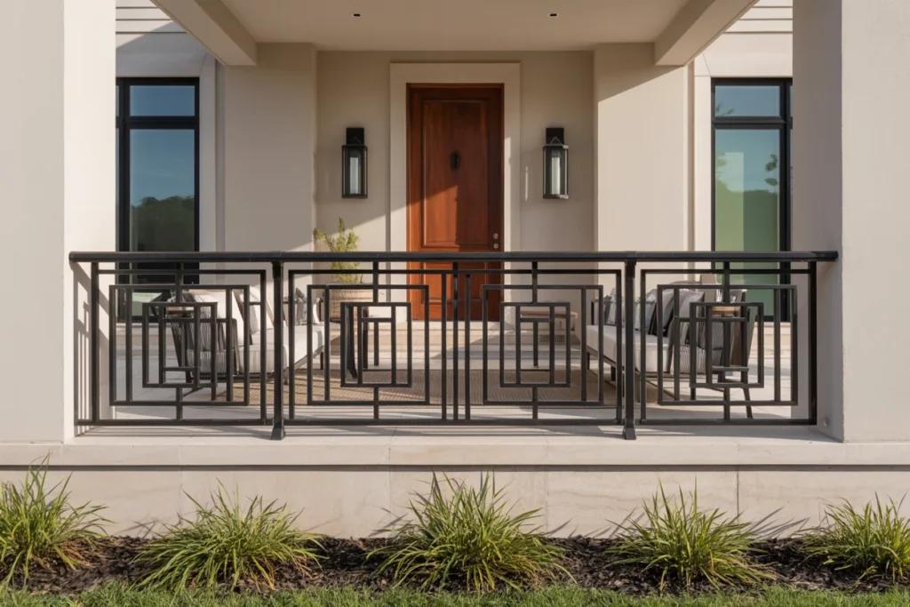 Modern front porch with geometric black metal grid railing spanning full width, wood front door, furnished seating, and landscaped foundation in bright daylight.