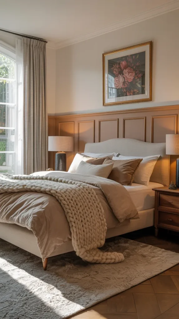 Half wall board and batten bedroom with upholstered bed, wood nightstands and layered cozy bedding