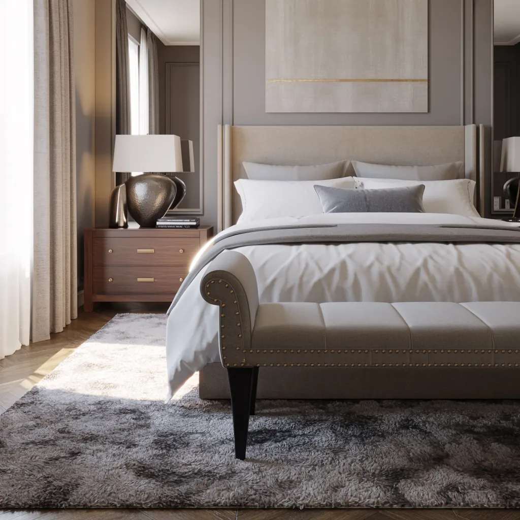 Gray upholstered bench with brass nailhead trim at the foot of a fully furnished transitional bedroom with layered white bedding and hardwood floors.