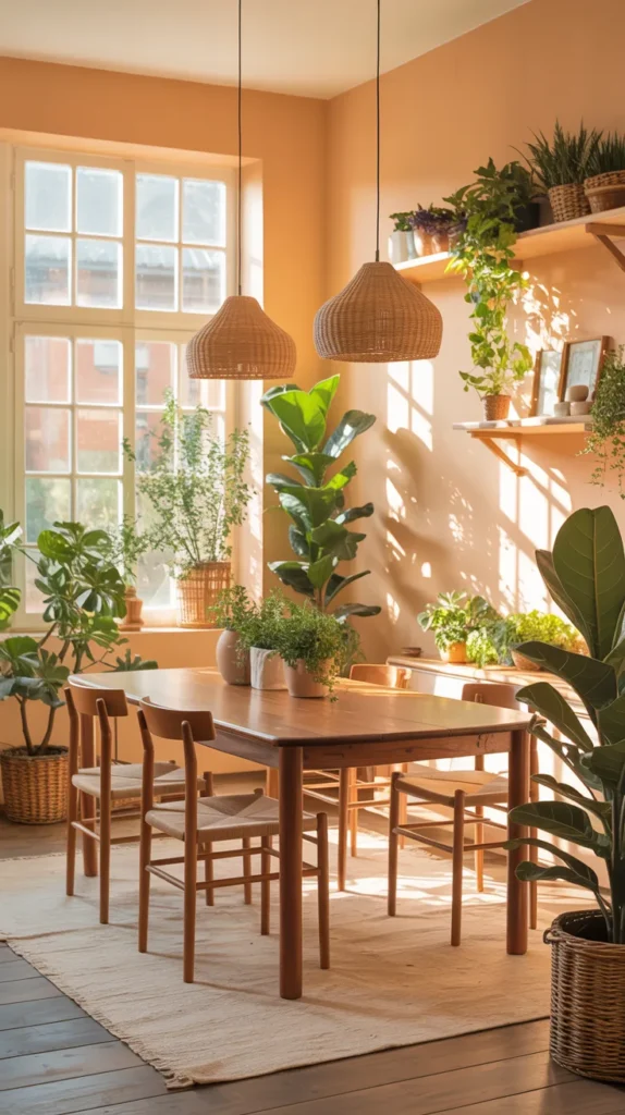 Apricot dining room filled with green plants and natural textures, warm inviting fully furnished space
