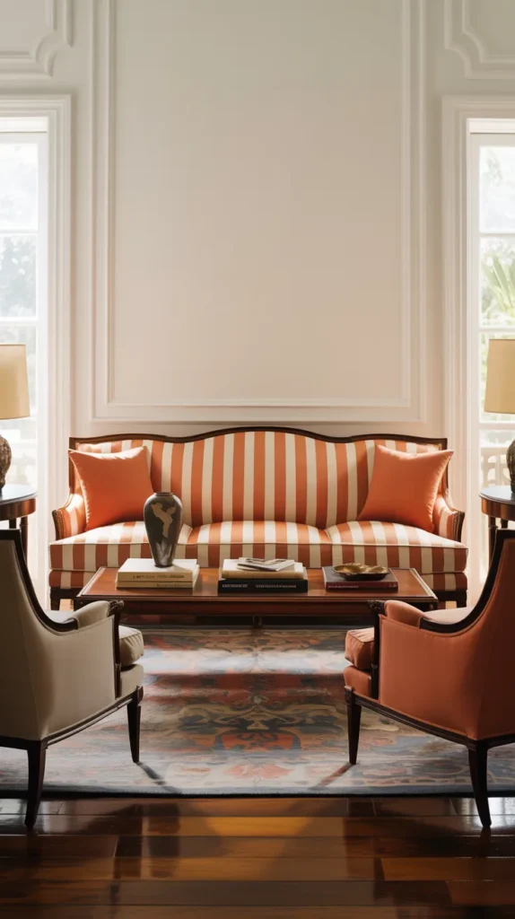 Living room centered around a sofa upholstered in orange striped fabric with coordinated decor.