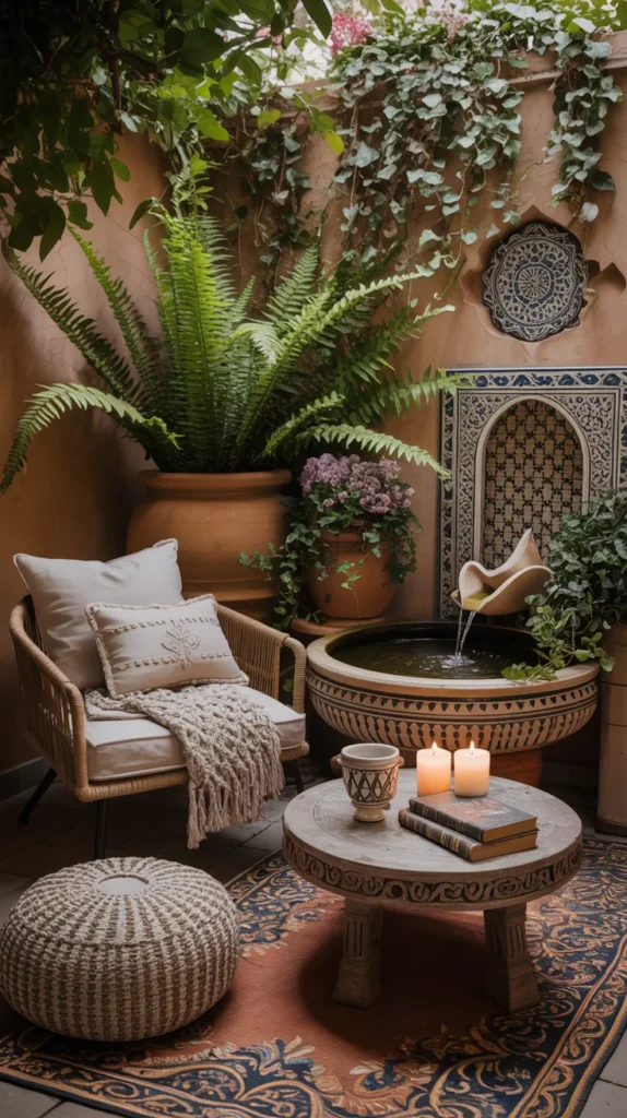 boho patio water feature corner with small fountain, patterned decor, cozy seating and plants creating a relaxing outdoor retreat