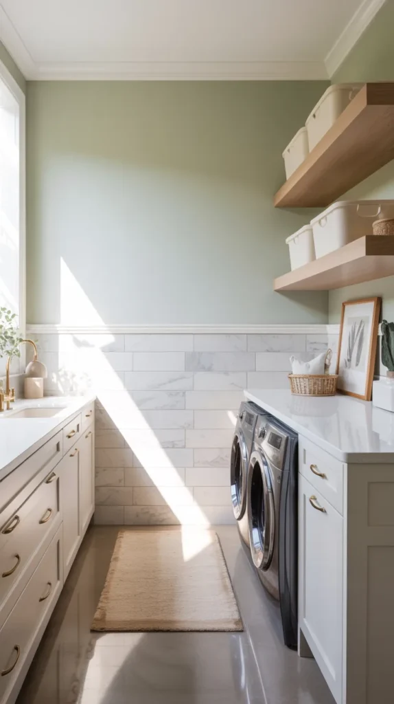 Modern laundry room with two-tone wall design featuring marble-look tile on bottom half and sage green paint above, white cabinets, and brass hardware.