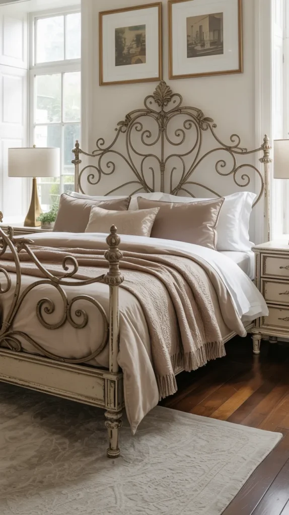Ornate wrought iron vintage bed in a fully furnished modern upscale bedroom