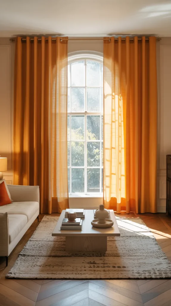Living room with floor-to-ceiling orange curtains softly filtering daylight in an upscale apartment.