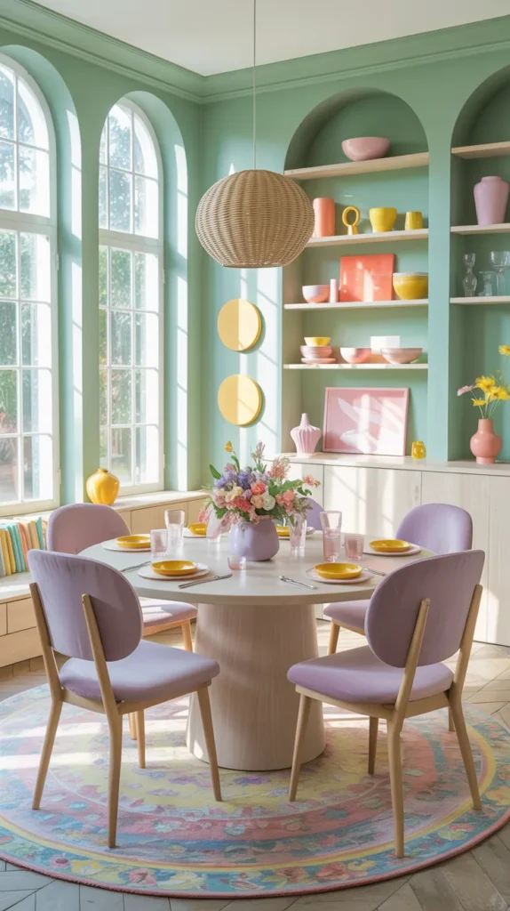 Pastel dining room with mint walls, lilac chairs and colorful accents, bright fully furnished modern interior