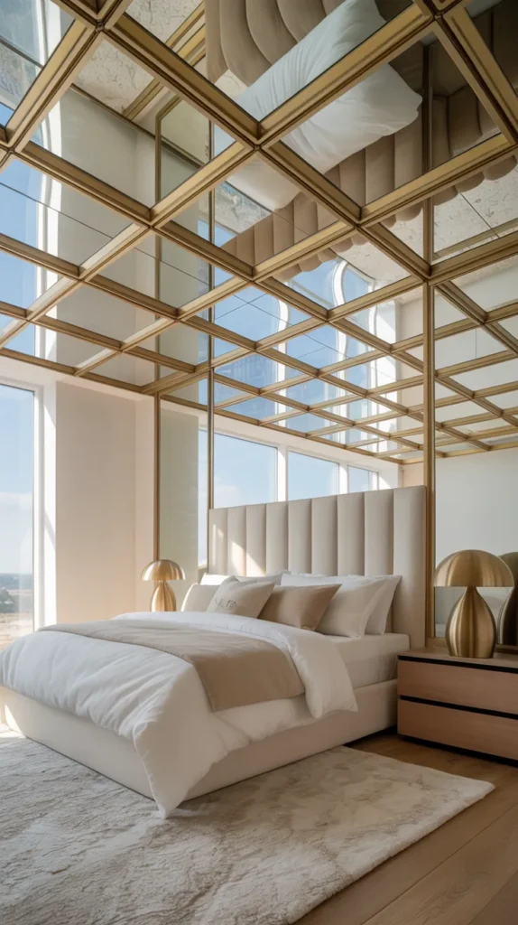 Bright modern bedroom with mirrored ceiling panels framed in gold trim reflecting natural daylight.