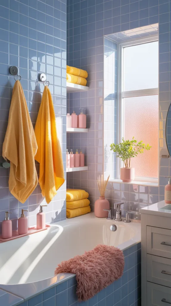 Periwinkle bathroom with lemon and pink accents styled as a bright complete interior
