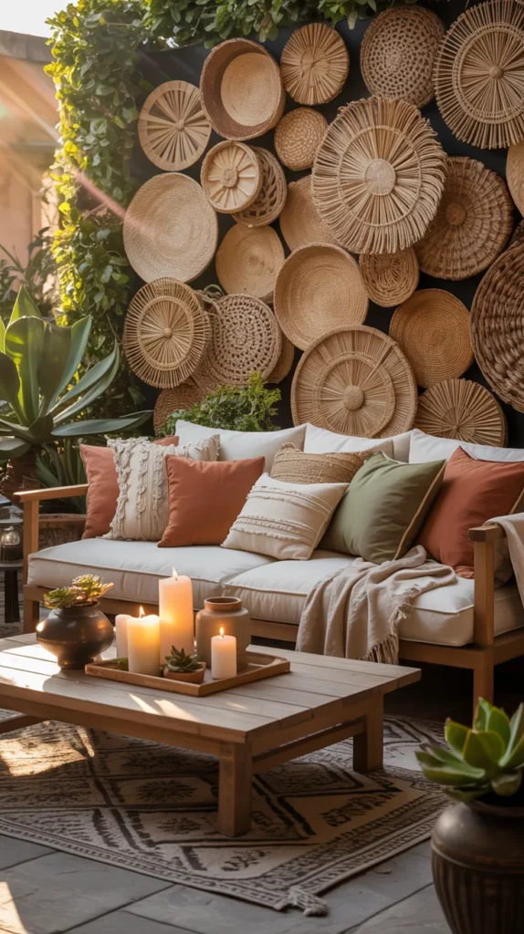 boho patio with woven basket wall decor and cozy seating creating textured outdoor living space