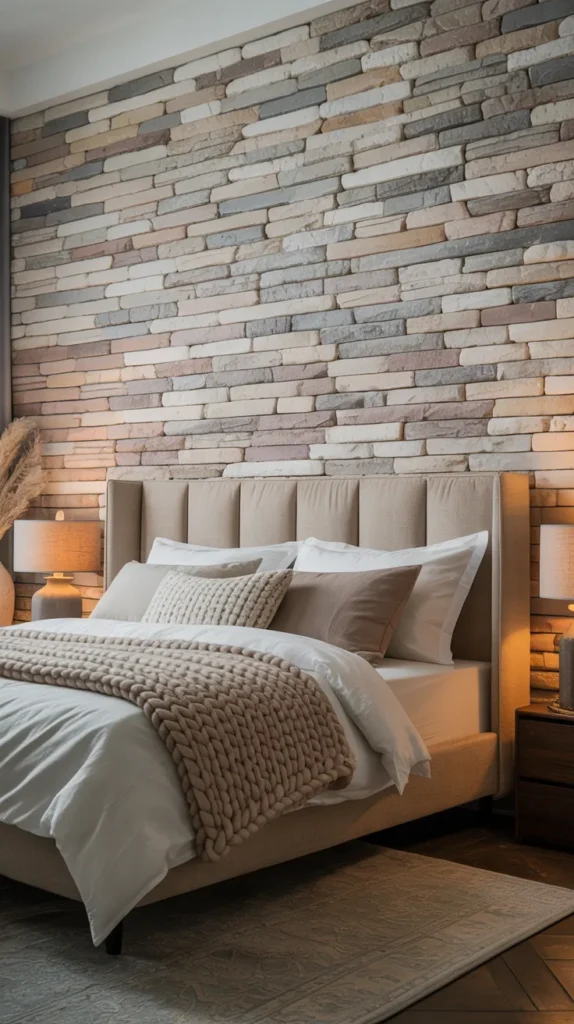 Bedroom with natural stone veneer accent wall behind bed