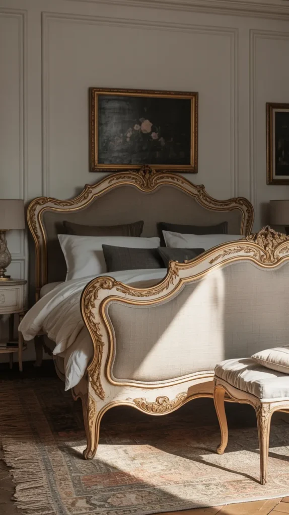 French Louis XV vintage bed styled in a fully furnished modern upscale bedroom
