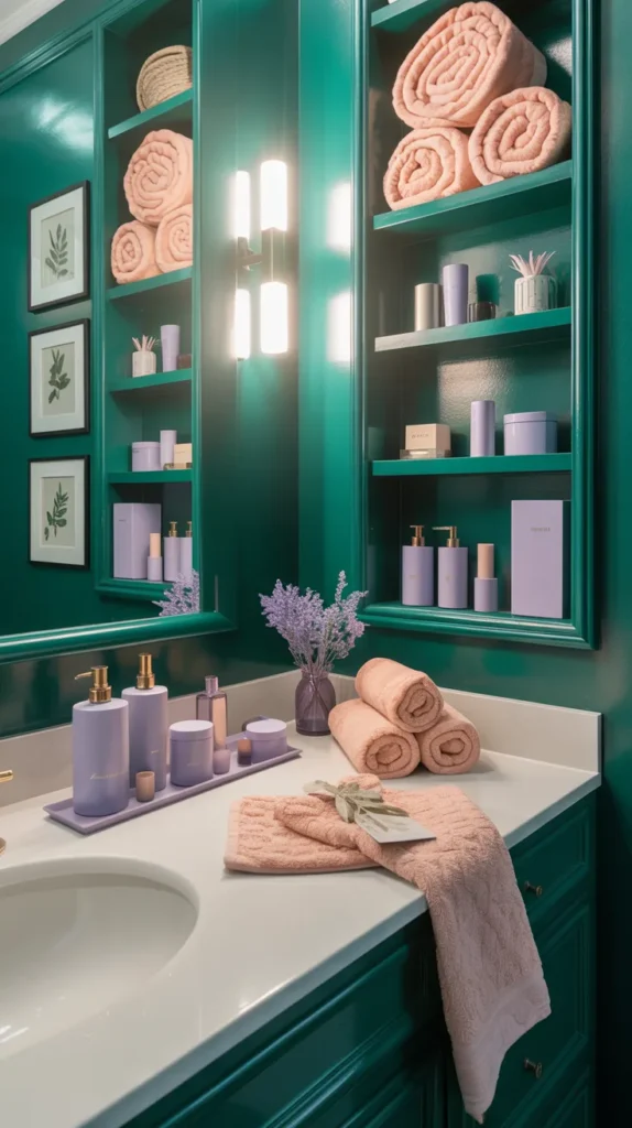 Emerald bathroom with peach and lilac accents styled with organized decor and lighting