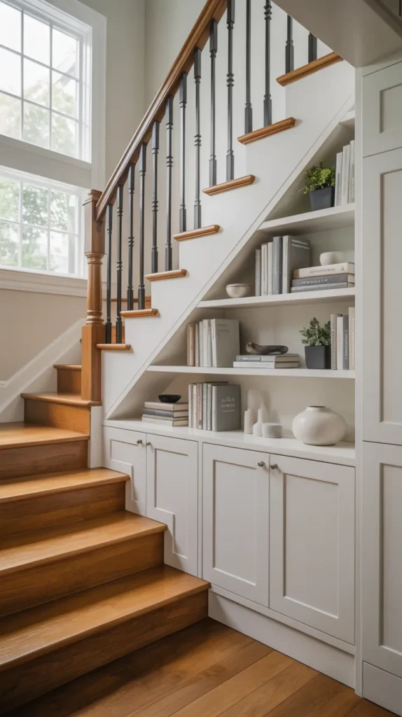 White built-in under-stair storage cabinets with open shelving beneath a wood staircase in a bright organized home.