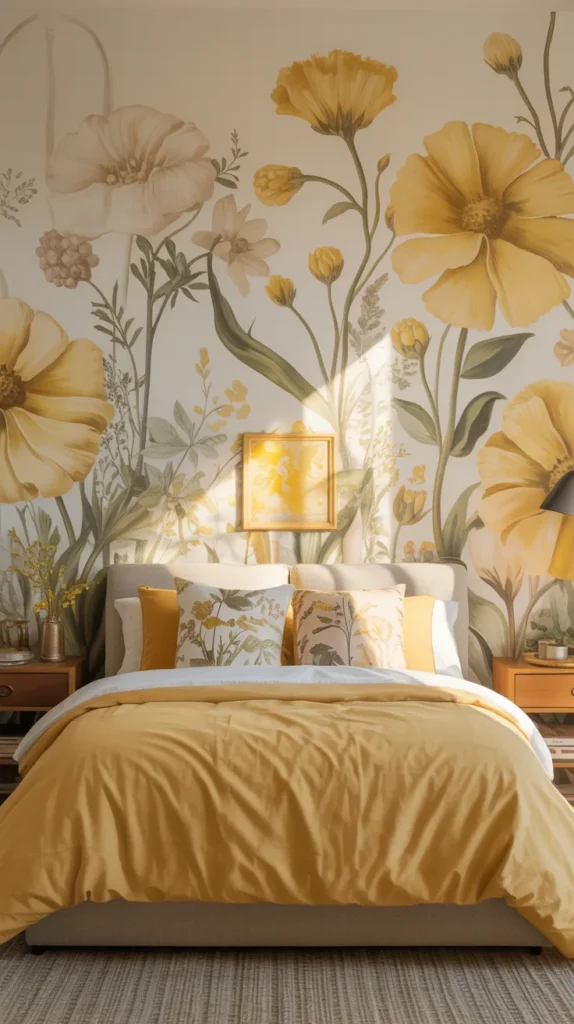Bedroom with large yellow floral mural and layered yellow bedding in a cozy artistic style .
