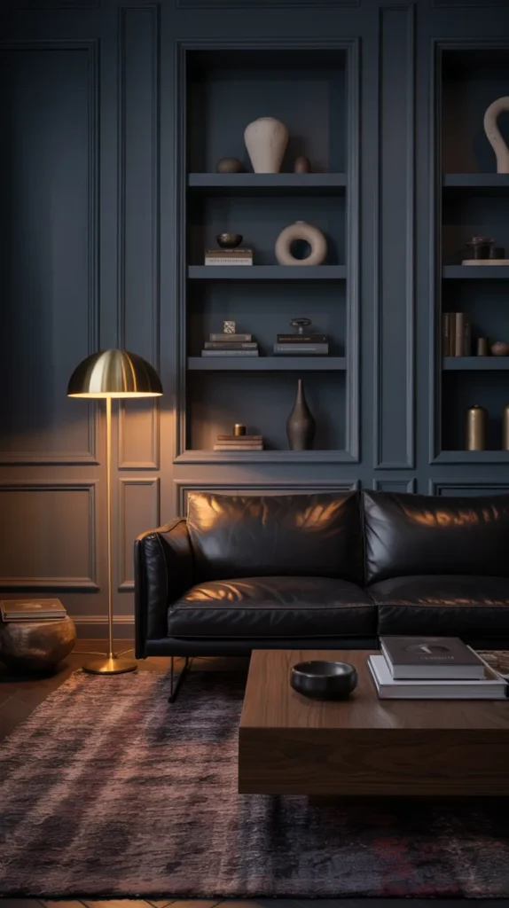 Moody living room with a black leather sofa, warm lighting, dark walls, and brass accents creating a cozy upscale apartment atmosphere.