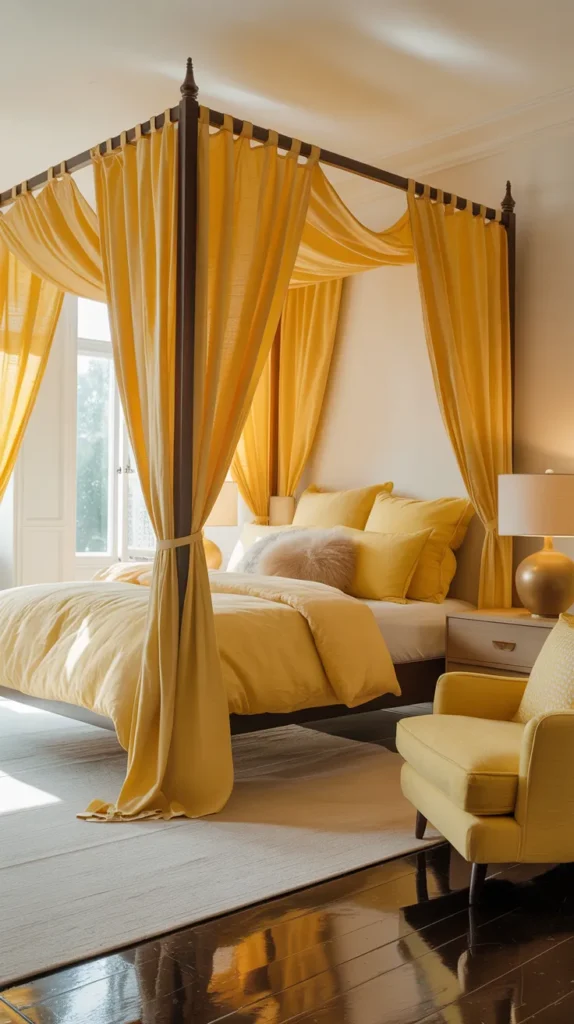 Bedroom featuring a yellow canopy bed with soft draped fabric and coordinated yellow bedding styled in an elegant calm space.
