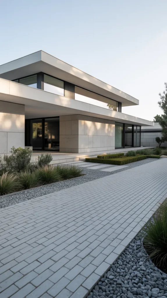 Grey brick grid walkway in front of a contemporary house.