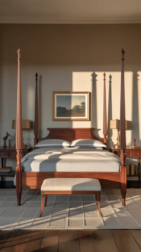 Colonial pencil-post vintage bed styled in a fully furnished modern upscale bedroom